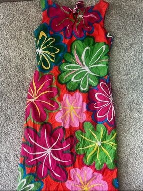 David Meister Vibrant Floral Midi Dress in Red, Pink, Green, Yellow